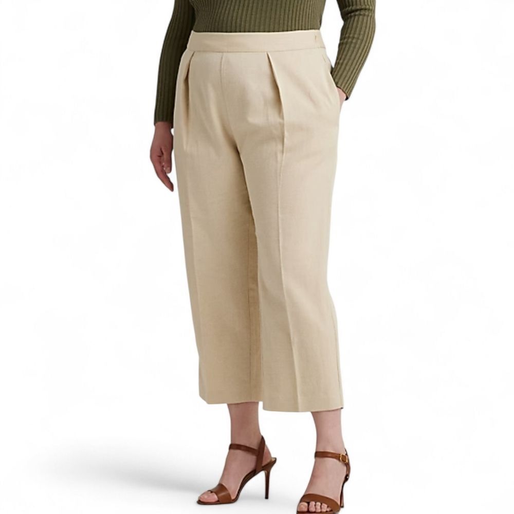 Lauren Ralph Lauren Pleated Ottoman Wide Leg Pants Tan Women's Size 16W Cropped